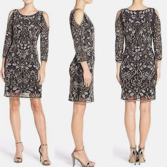 Pisarro Nights Black Evening Dress size 6 Silver Beads & Sequin Overlay - Picture 2 of 11